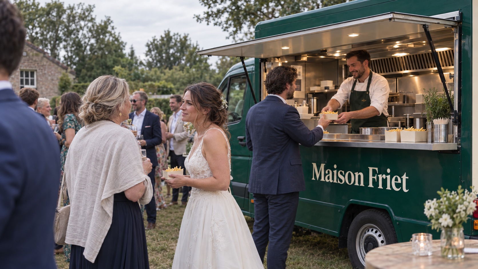 Bruid en gasten praten terwijl friet bij de Maison Friet-wagen wordt geserveerd