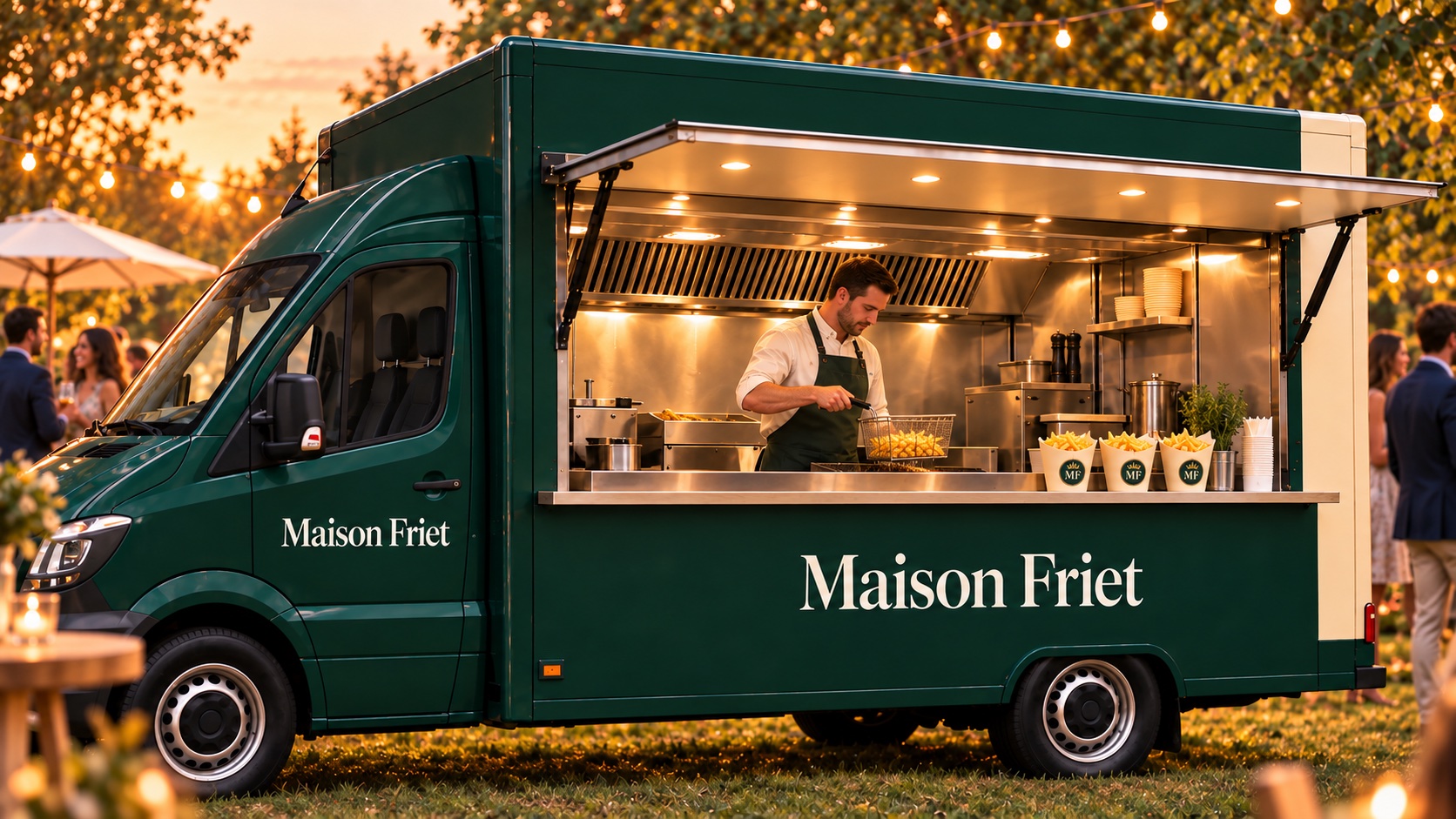 Maison Friet-frietwagen met bakker en gasten