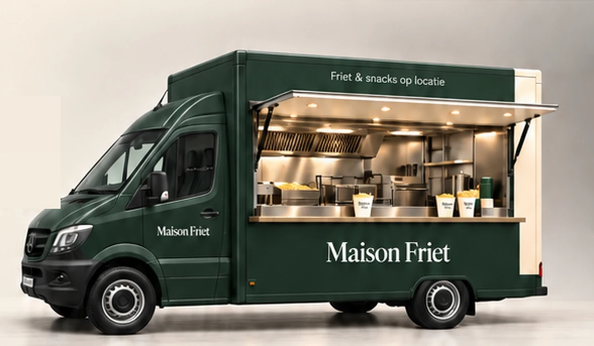 Conceptbeeld van de donkergroene Maison Friet-frietwagen met een verlichte uitgiftebalie